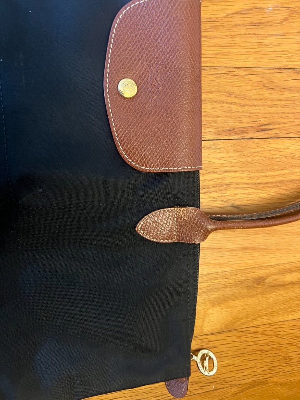 Longchamp Le Pliage Large Shoulder Tote Black Nylon Brown Leather L1899 - Picture 4 of 7